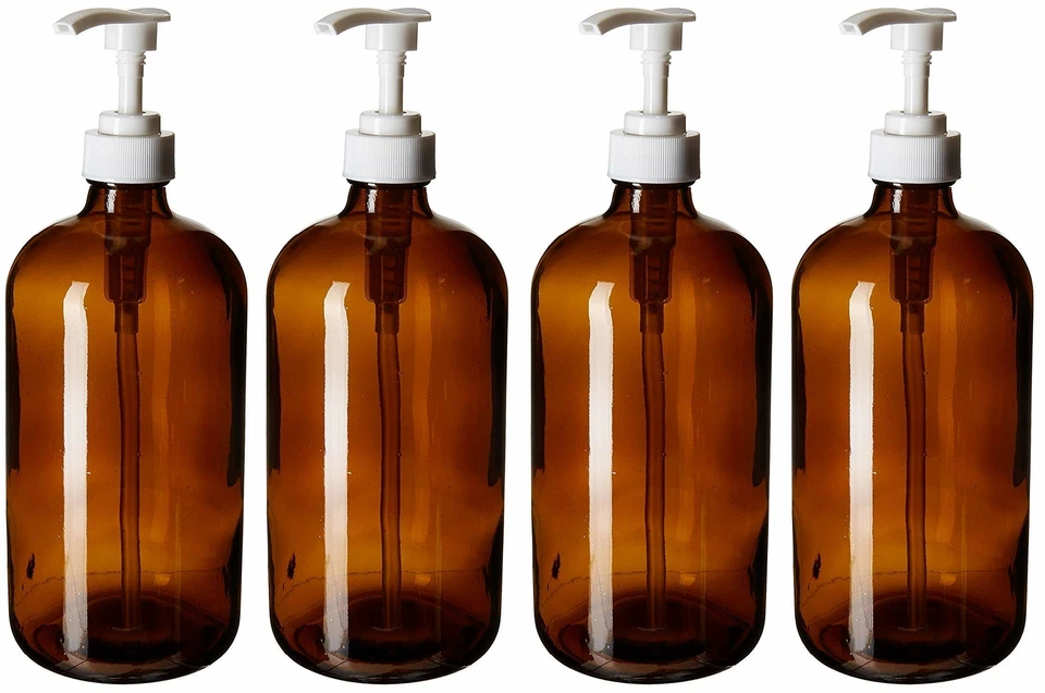 kitchentoolz 32-Ounce Large Amber Glass Boston Round Bottles with white pumps - Image 1 of 1