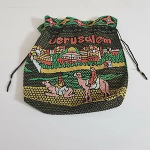 Jerusalem Beaded Drawstring Purse Handbag Colorful Shiny Black Straps Travel Bag - Picture 1 of 12