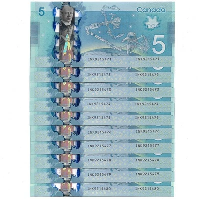 10 X Consecutive Serial #’s! Series 2013 Canada Polymer Uncirculated! $5 Bills! - Image 1 of 2