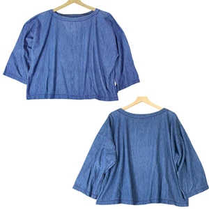 GENE Ewing Bis Wrinkled Rich Denim Top Blue Boatneck Lagenlook USA M Vintage 80s - Picture 1 of 5
