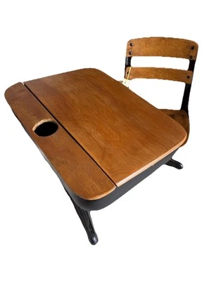 Escritorio escolar plegable vintage American Seating Company c.1940 silla giratoria  Foto 1 de 4