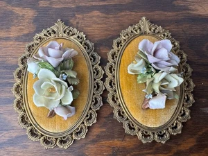 Capodimonte Italienisches Porzellan 2 Vintage Erhöhte Rose Wandbehang Made In Italy - Bild 1 von 14