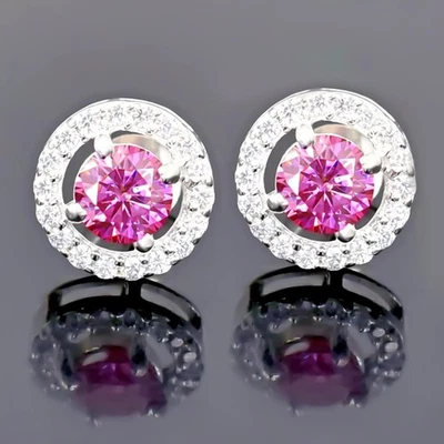 2.00 克拉认证粉红色钻石单颗耳钉 925 纯银妻子用 — 第 1/4 张图片