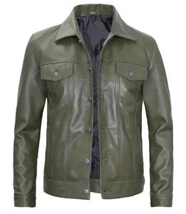 Men's Olive Green Leather Trucker Jacket Pure Lambskin Custom Made S M L XL -364 - Picture 1 of 10