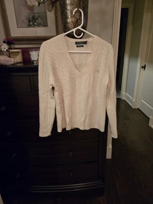 Suéter Lauren Ralph Lauren 100% Cachemira Cuello en V Tejido por Cable, Talla XL, Marfil Foto 1 de 4