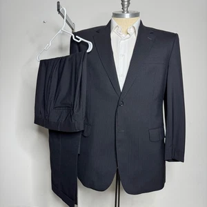Jos A Bank Mens 46R Black Pinstripe 100% Wool Two Piece Suit 46R 38W - Picture 1 of 13