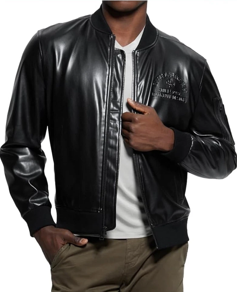 New GUESS mens District Faux Leather Bomber Black Jacket Size  S - Image 1 of 2
