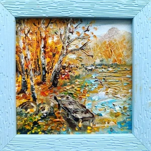 Original Ölgemälde gerahmt Landschaft Herbst Herbst Impressionismus 4x4 Zoll - Bild 1 von 14
