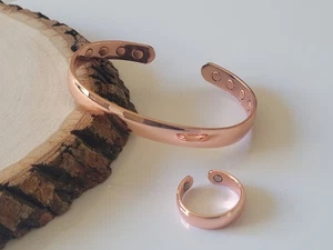 Pure Copper Magnetic Bracelet Ring Set - Arthritis Pain Therapy Dome Cuff Ring - Picture 1 of 9