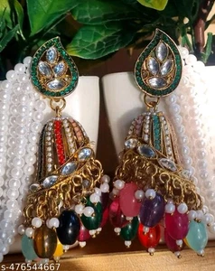Elegant Kundan Jhumka Multi Pearl Ear Chain Heavy Earring Traditional Set - Picture 1 of 4