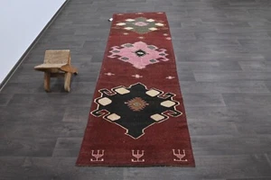 Vintage Türkischer Läufer Teppich 2x8ft Wolle Anatolisch Handarbeit Flur Oushak ROT - Bild 1 von 9