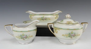 Noritake Creamer,Sugar Bowl,Gravy Bowl W/Floral Bouquet with Green and Gold Rims - Picture 1 of 10