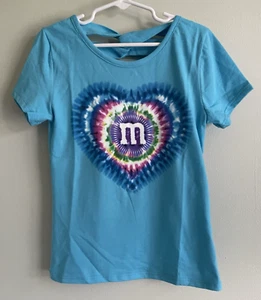 New M&M's World Girls 5/6 S/Small TIE-Tye Dye Heart T-SHIRT Aqua BLUE - Picture 1 of 13
