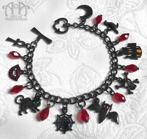 Gothic Punk BLACK HALLOWEEN CHARM BRACELET Red Crystal Beaded Bat Skull Cat Moon - Picture 1 of 7