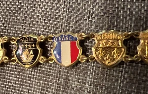 1940s Brass Tone Linked Seven Panel Paris Landmark Souvenir Bracelet 7" Vintage - Picture 1 of 12