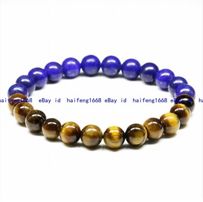 Natürlich 6-14mm Rund Blau Lapislazuli Gelb Tigerauge Elastisch Armband 19cm - Bild 1 von 4