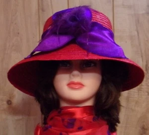 Ladies Red Straw Hat w/Purple Satin Hatband & Feather Accents (One Size) - Picture 1 of 6