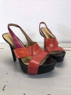 Vintage Color Block 7.5 M Nine West Platform Leather Sling Back Stiletto Heels - Image 1 of 4