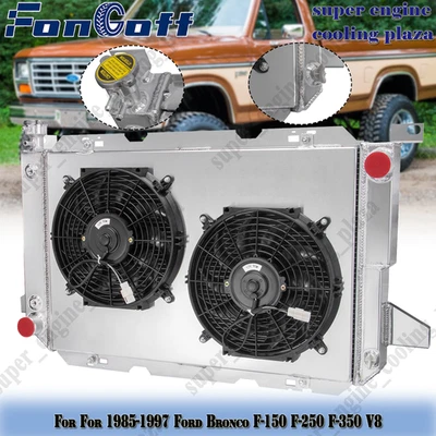 4-Row Radiator+Shroud+12" Fans Kit For 1985-1986 Ford F150 F250 F350 Bronco V8 - Image 1 of 4