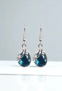 Blue Teardrop Swarovski Elements Crystal Hook Earrings 18K White Gold Plated - Picture 1 of 3