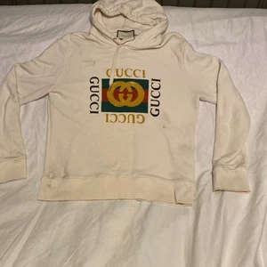 Gucci Distressed Logo Print Hoodie Ivory SZ Small Preowned - Picture 1 of 17