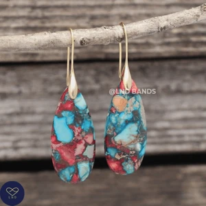 Multicoloured Sea Sediment GOLD Hook Teardrop Natural Stone Jasper Drop Earrings - Picture 1 of 1