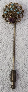 Vintage Faux Garnet & Turquoise Filigree Gold Brass Tone West Germany Stick Pin - Picture 1 of 5