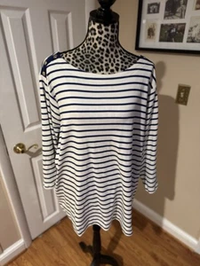 CROFT & BARROW Plus Size 3/4 Sleeve Boat Neck Top 1X Blue Stripe Button Shoulder - Picture 1 of 9