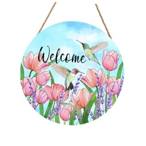 Sign for Front Door Decor Spring Floral Wood 12inch Welcome Spring Hummingbirds - Picture 1 of 8