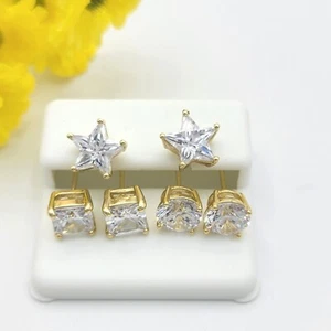 14K Gold Plated Square - Star - Round Solitaire Cubic Zirconia Ear Stud Earrings - Picture 1 of 11