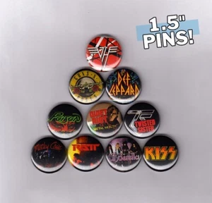 HAIR / GLAM METAL 1.5" PINS BUTTONS w/ VAN HALEN KISS POISON CRUE GnR RATT 1980s - Picture 1 of 2