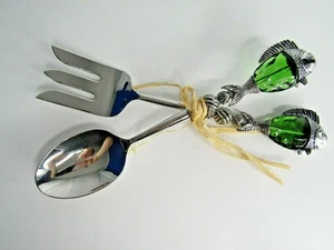 Salad Pasta Serving Set Green Glass Fish Sculpted Spoon And Fork  - Picture 1 of 6