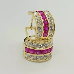 Neu IST 14k 585 Gelbgold Rosa Weiß Stein Rund 11'mmm Reifen Huggie Ohrringe - Bild 1 von 11