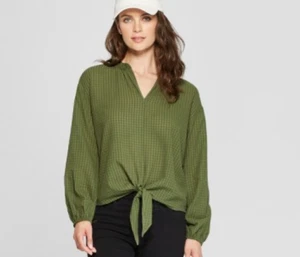 Womens Plaid Long Sleeve Tie Front Top - Universal Thread-Green-NWT - Picture 1 of 3