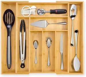 Expandable Kitchen Utensil Drawer Organizer Adjustable Wooden Flatware Holder - Picture 1 of 6