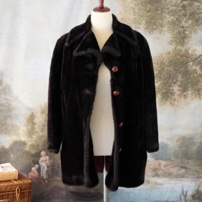 Винтажный 1970-х/80-х искусственного меха коричневое пальто с искусственной кожи кнопки размер M зима - Изображение 1 из 4