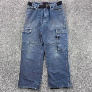 Vintage Y2K PLUGG Jeans Mens 33x30 Faded Denim Cargo Belted Wide Leg Rave Pocket - Picture 1 of 8