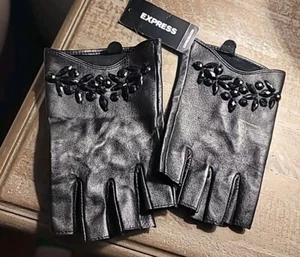 NWT Black Leather Rhinestone Express Name Brand Gloves - Bild 1 von 6
