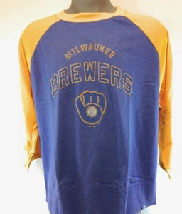 Mens Majestic MLB Milwaukee Brewers Cooperstown Collection Baseball 3/4 T-Shirt - Picture 1 of 2