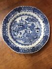 Antique Chinese Export Plate C18th Porcelain Blue White Pagoda Pattern Stapled