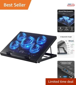 5-Fan Laptop Cooler for 12-17" Laptops | Height Adjustable with Blue LED Design - Afbeelding 1 van 9