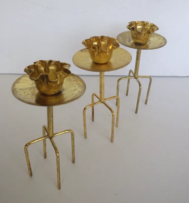 Vintage MCM Metal Small Gold Toned Set of 3 Tapered Candle Holders 4 1/2" High - Image 1 of 4