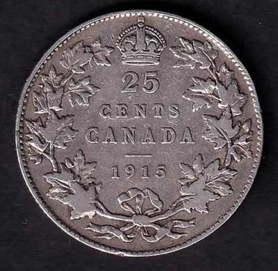 Canada 1915 25c Twenty Five Cent Silver Quarter King George V F .925 Silver - Image 1 of 2