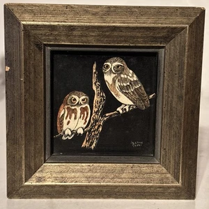 Vintage Jeanne Reifel 2 Eulen Eule im Baum Kratzbrett klein Kunst Gemälde Volkskunst - Bild 1 von 6