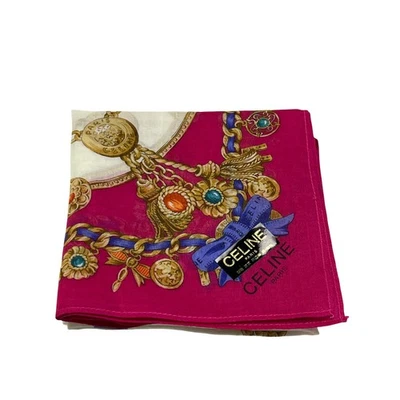 Pañuelo Céline Paris Vintage Bufanda Joya Cadena Estampado Rosa 100% Algodón 18X18 Foto 1 de 4