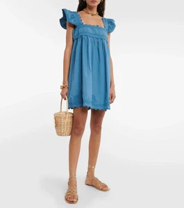 NWT- Juliet Dunn Scalloped Embroidered Cotton Mini-Dress, Denim Blue - Large - Picture 1 of 4