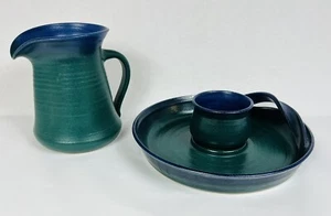 Signed Art Pottery Round Platter, Bowl, And Pitcher 3 Piece Set Blue And Green - Picture 1 of 21
