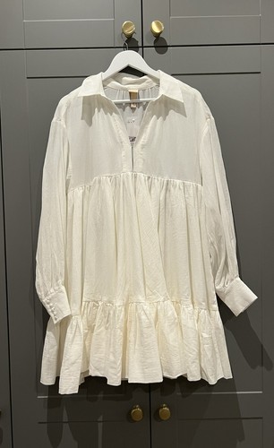 OFF WHITE Abito camicia H&M bianco sporco ecrù oversize floreale colletto a strati con volant S