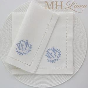 Hemstitched Linen Dinner Napkins with Monogram VEW in Oyster and Periwinkle - Picture 1 of 3