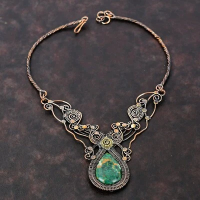 Collar ajustable de cobre con cadena de flores envuelta en alambre de crisocola de cuprita 18,0" Foto 1 de 4